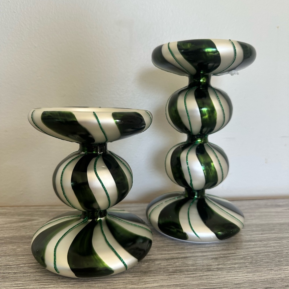 Elegant Green and White Striped Candle Holders